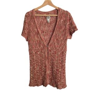 Chico's Small‎ Red Linen Blend Open Knit Short Sleeve Cardigan Women